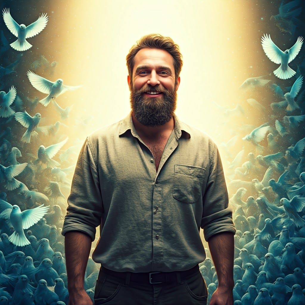 Warm Bearded Man Surrounded by Iridescent Canaries in Soft F...