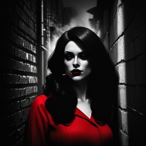 Film Noir Woman in Red Dress Smoking