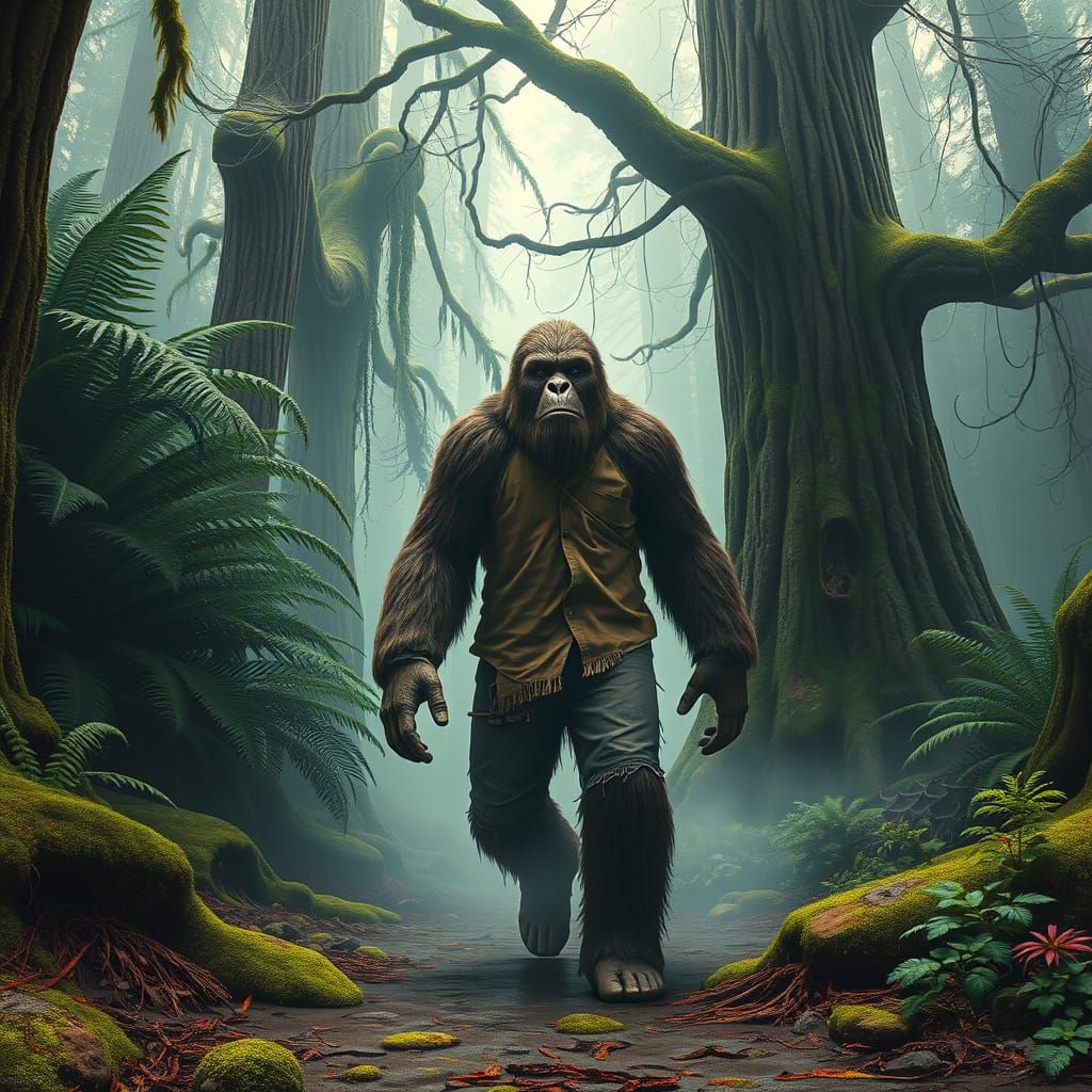 Bigfoot Roams Misty Forest: Hyper-Realistic Digital Art