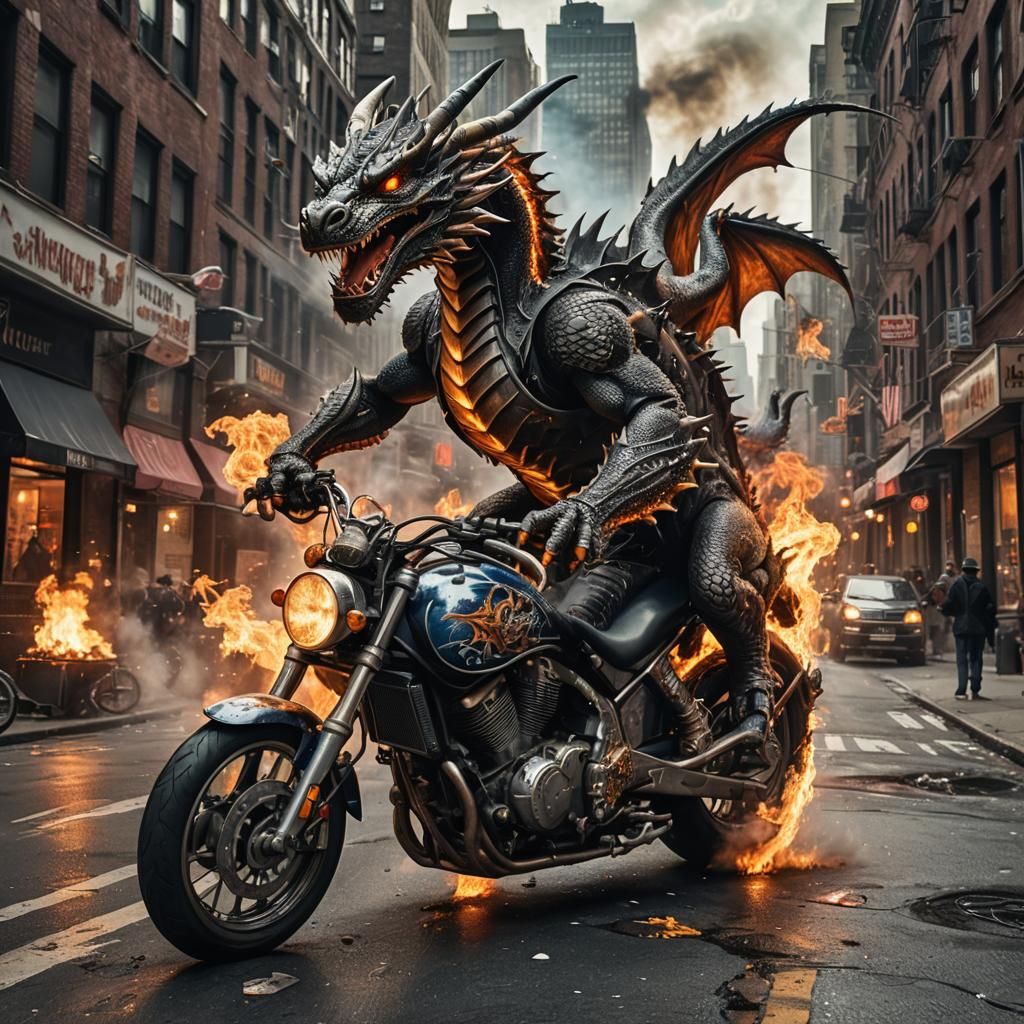 Dragon Rider in New York: Hyperrealistic Motorbike Scene
