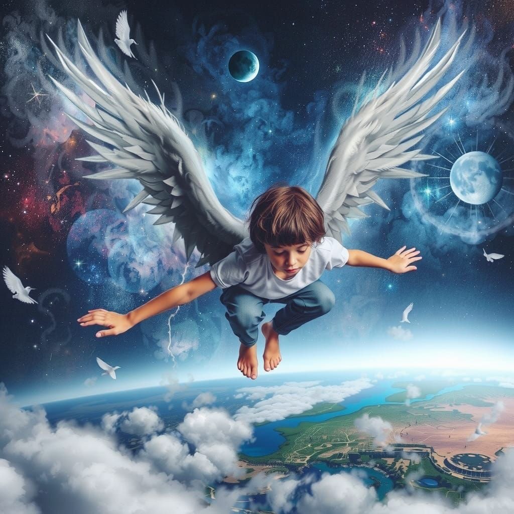 Angel Raphael in Heavenly Landscape with Golden Accents