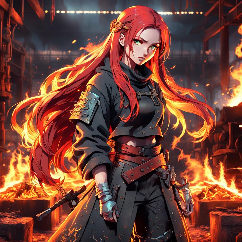 Anime Fire-Haired Blacksmith in a Neon Forge