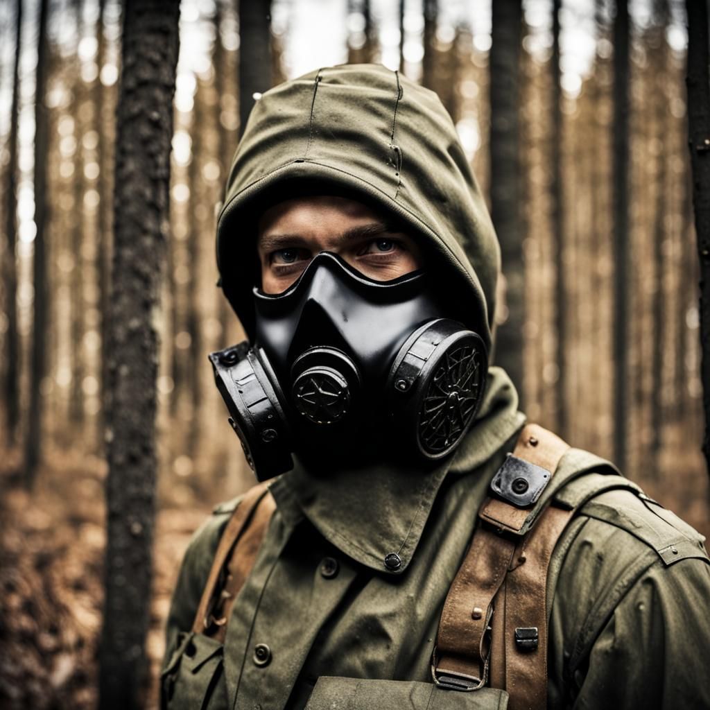 Gas Mask Division Patrolling Through Woods