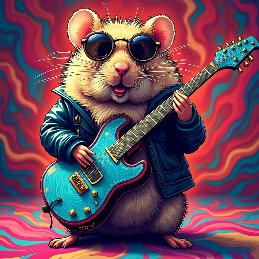 Hamster Rockstar Plays Electric Guitar in Psychedelic Style