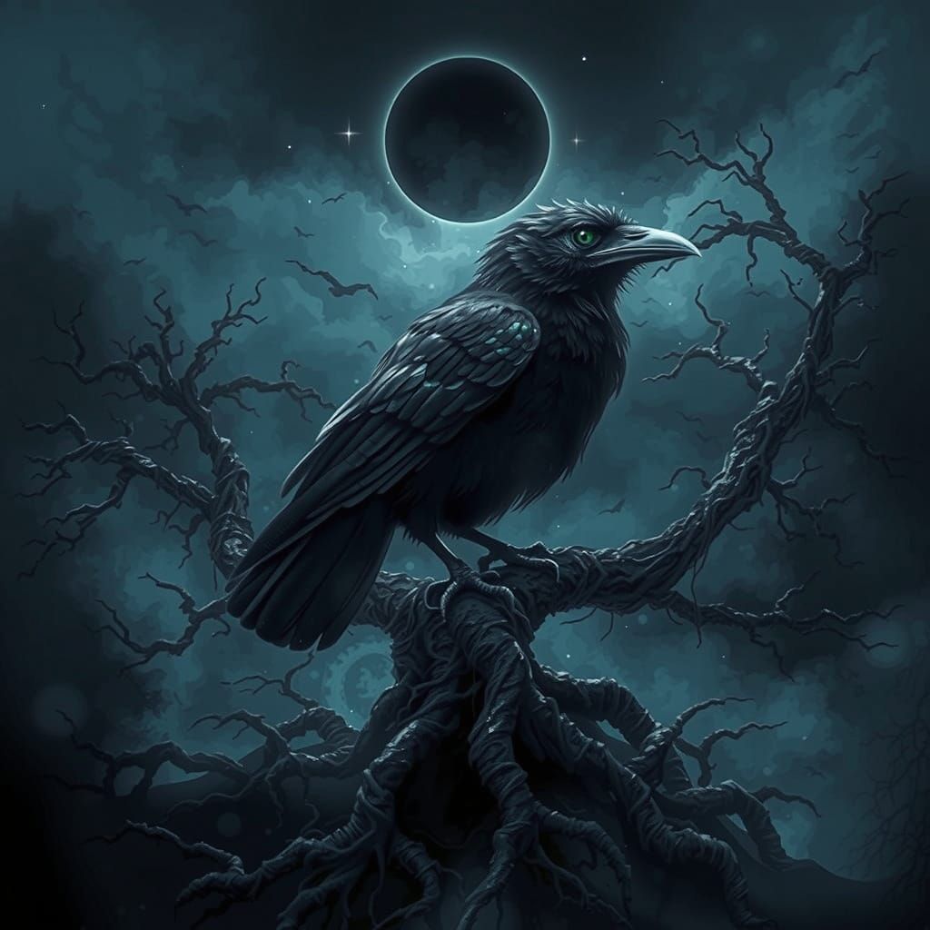 Surreal Landscape of a Crow Dissolving into Roots in a Dark,...