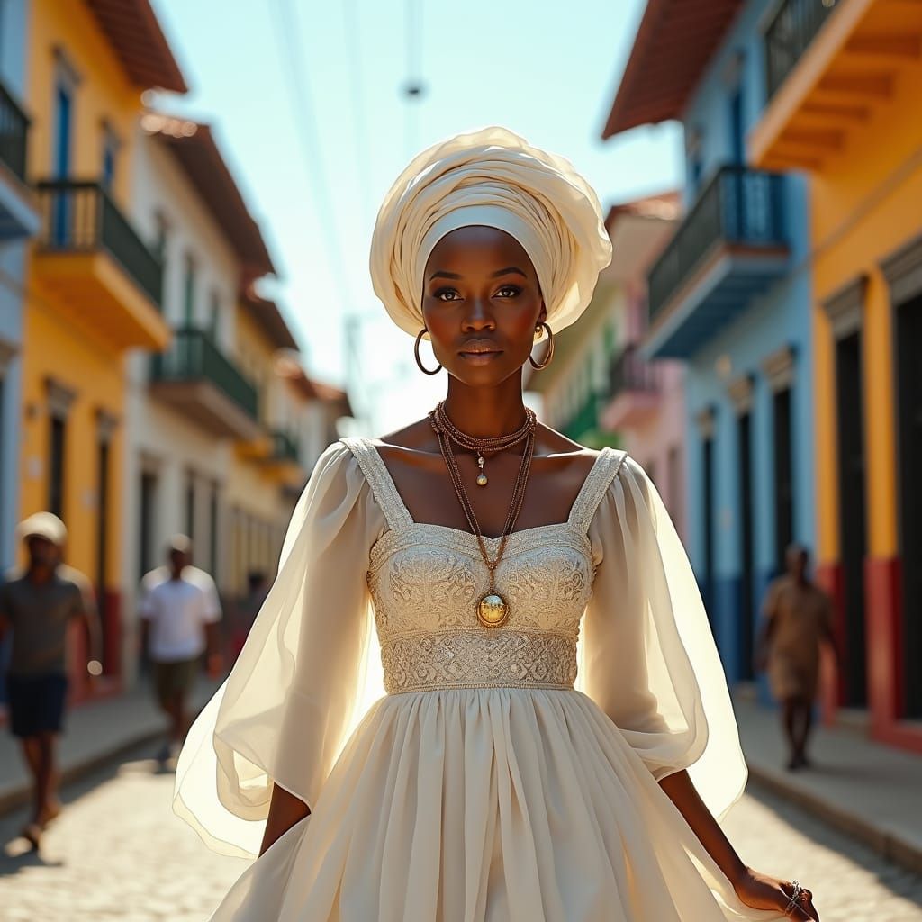 Regal African Woman in Pelorinho, Brazil: Afro-Realism Art