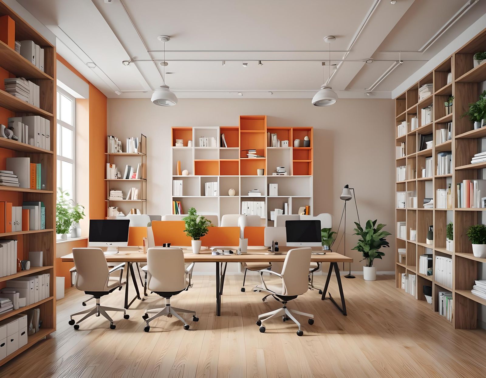 Stylish Open Space Office with Orange Walls, 3D Render