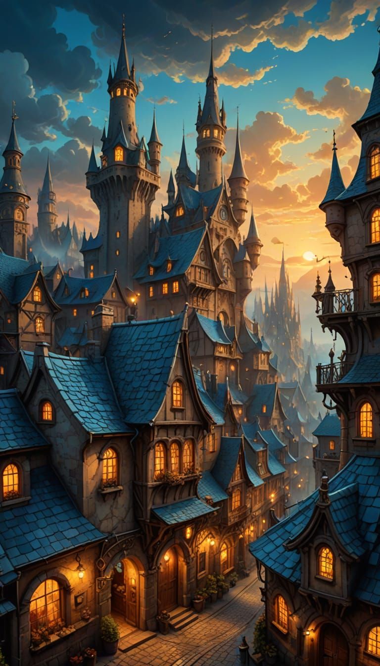 Fantasy City at Dusk in Painterly Style