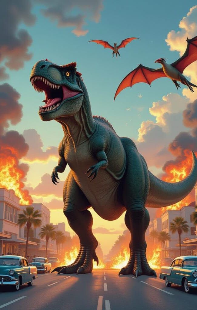 King Dinosaur Storms Florida Streets with Flying Companions