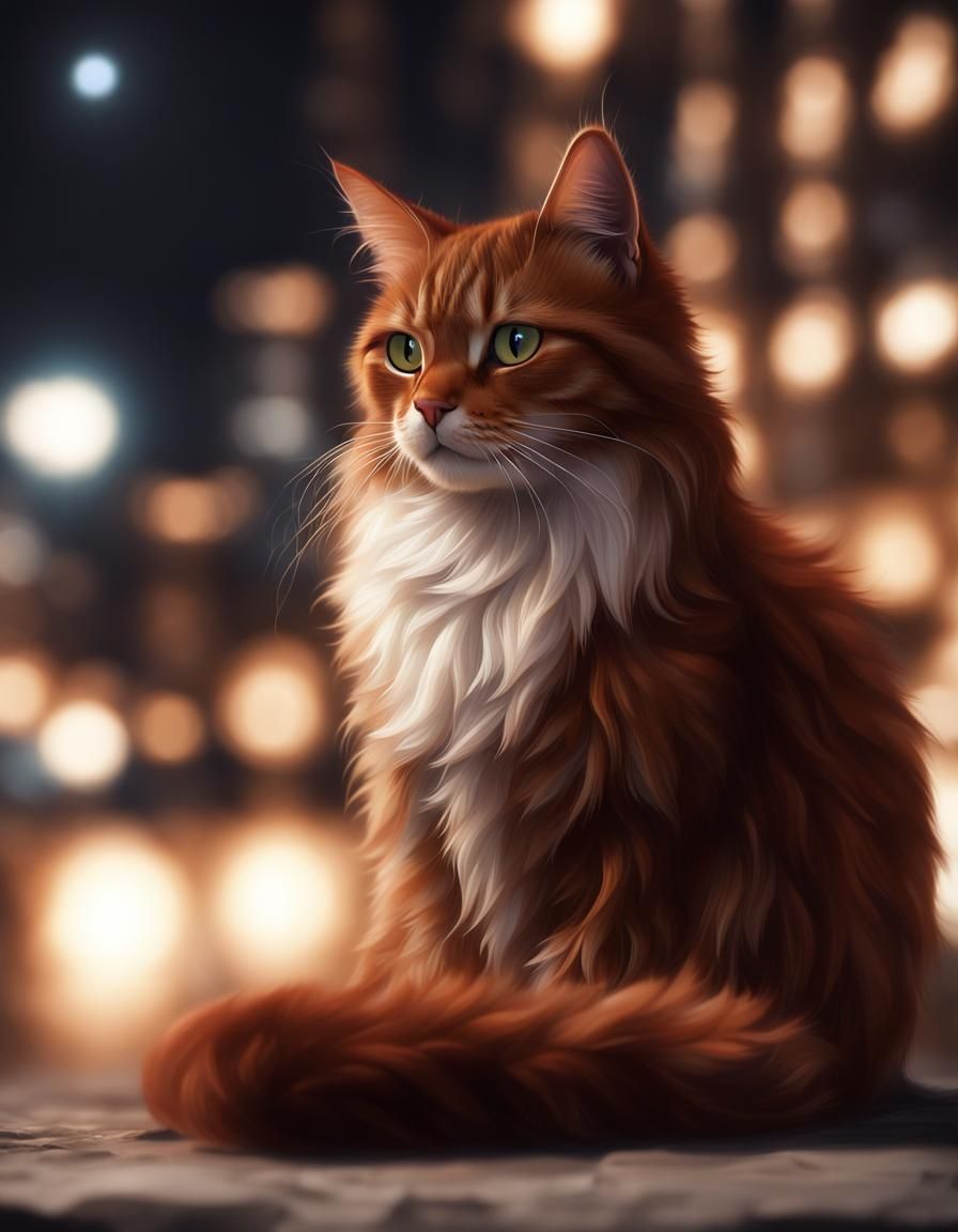 Mystical Cat Portrait at Night, Impressionistic Style