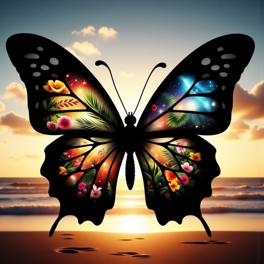 <lora:BlackGold silhouette:1.0> <lora:double exposure of:1.0> double exposure- black silhouette of a beautiful butterfly...