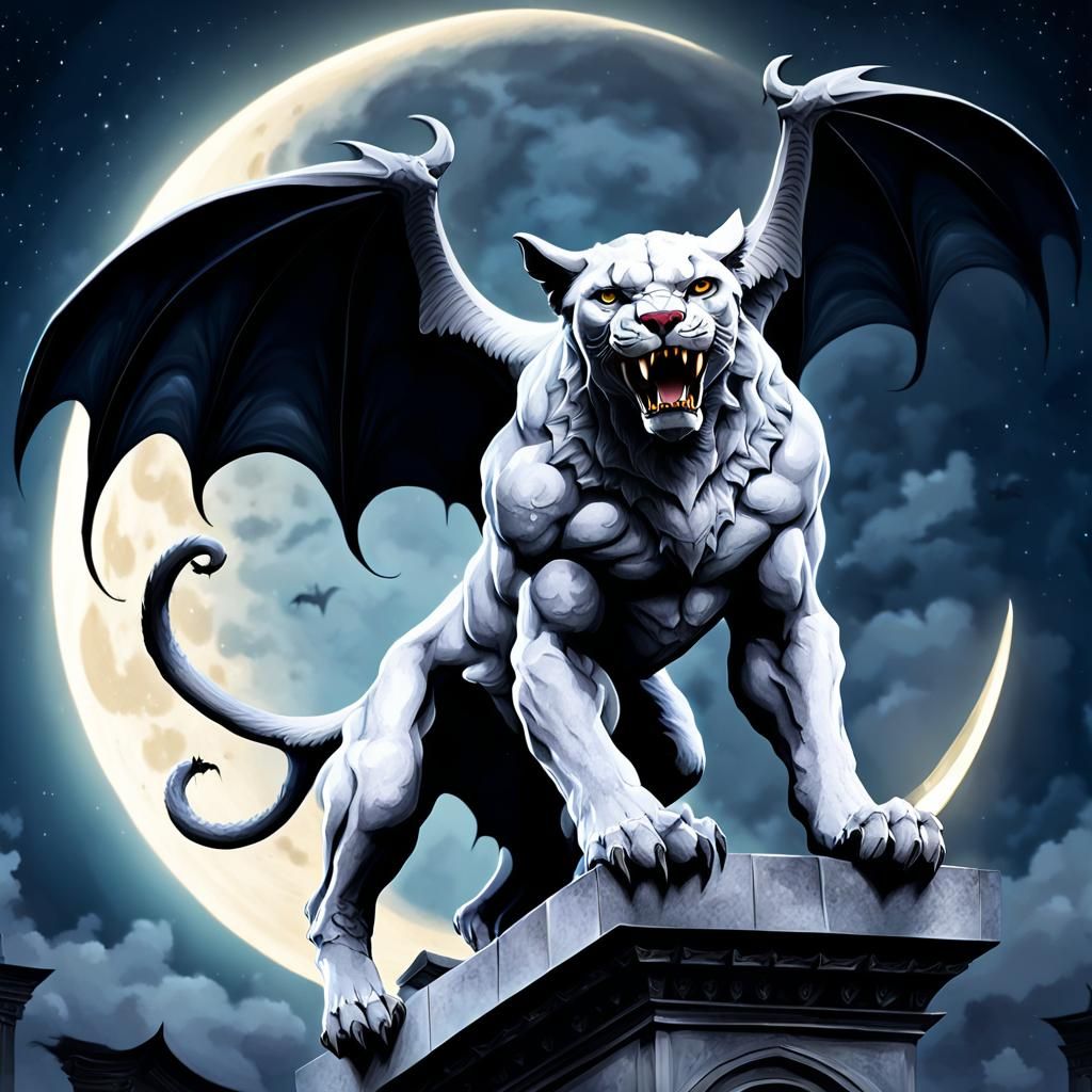 White Marble Gargoyle Flying on Crescent Moon Night