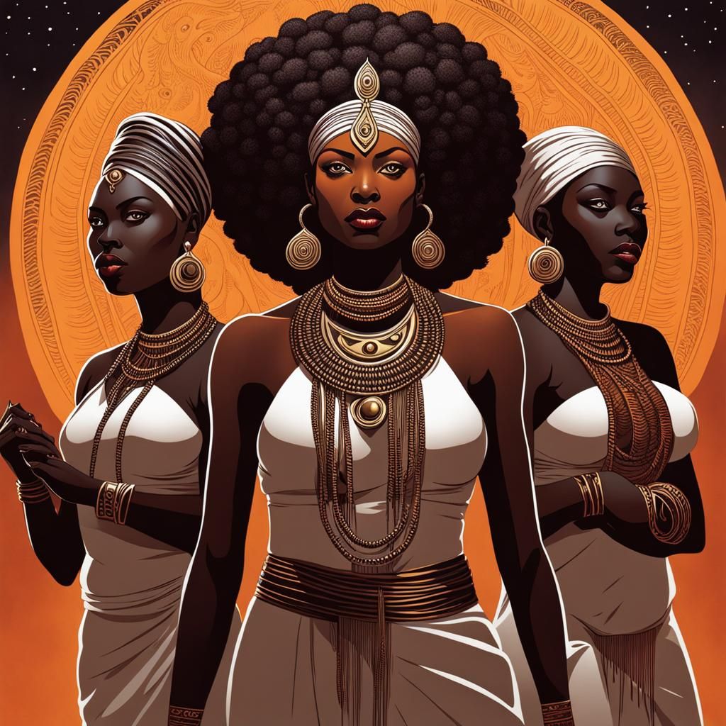 Illustrate a surreal scene where a group of powerful women from different African tribes unite as mythical sorceresses, ...