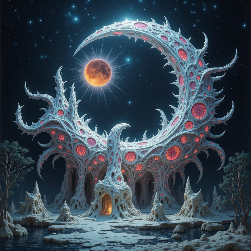 Colossal Crystal Geometry Structure Levitating by Crescent M...