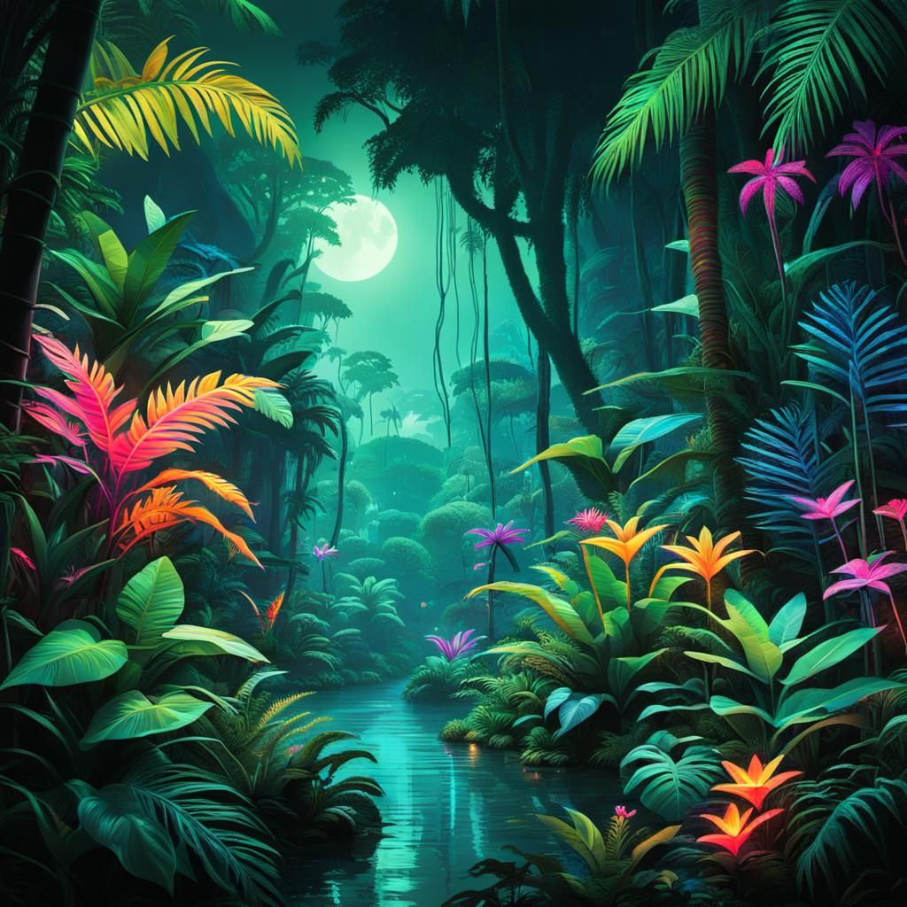 Neon Jungle with Glowing Flora and Fauna