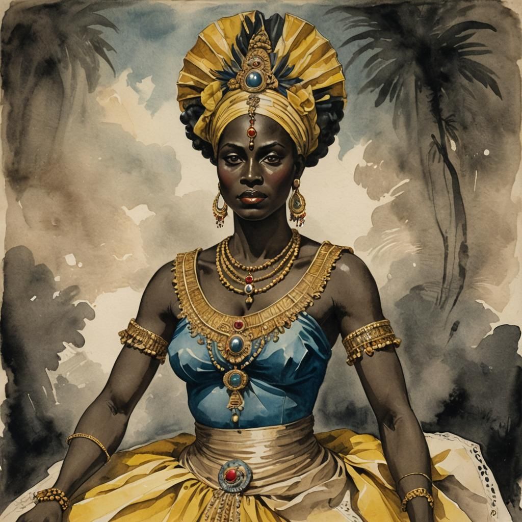 Ezilí Dantó: 1800s Watercolor Painting of Haitian Goddess
