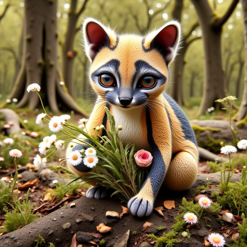 Quilted Ocelot Doll with Floral Bouquet