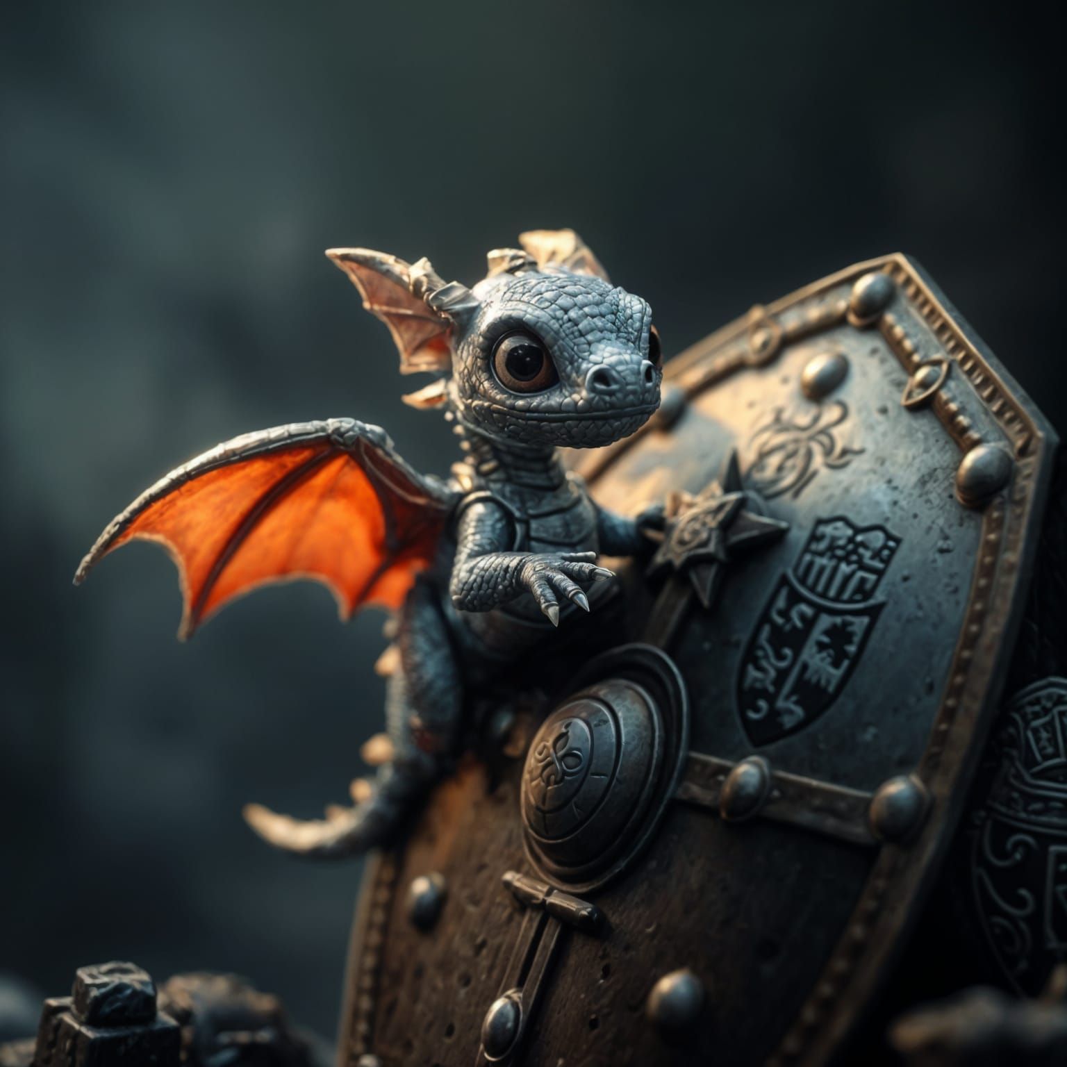 Adorable Dragon Clings to Ancient Knight's Shield in Dark, M...
