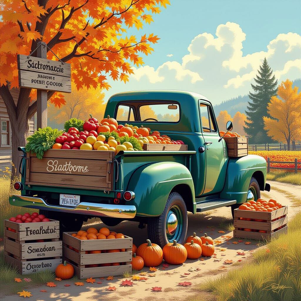 Vintage Truck Full of Autumn Produce and Rustic Charm