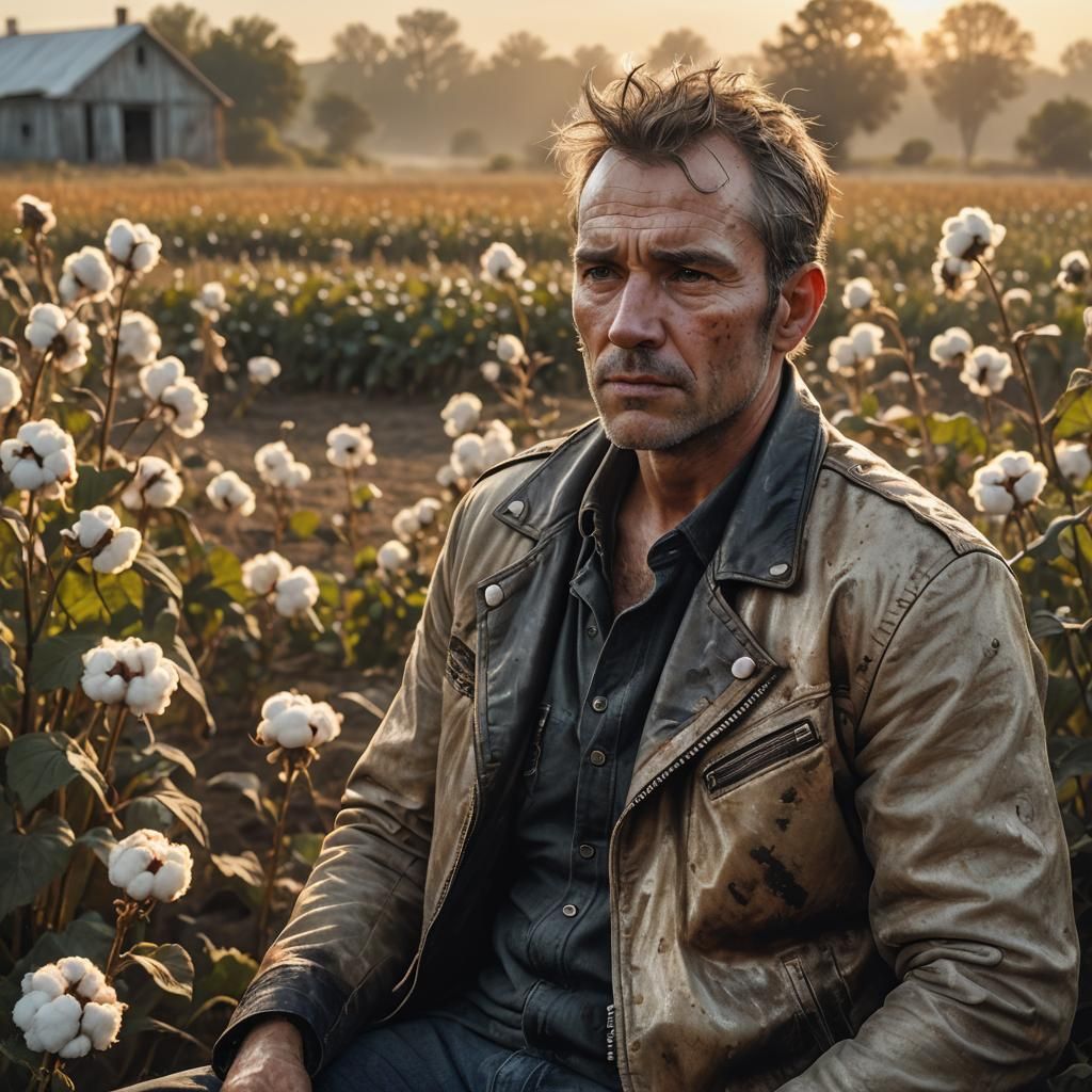 Battered Man in Cotton Field: Fantasy Concept Art