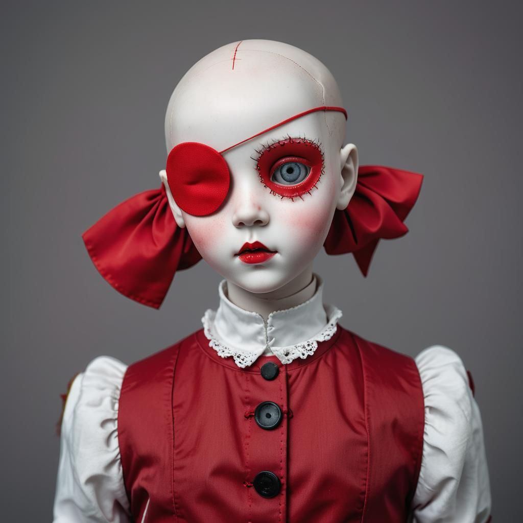 Creepy Kawaii Porcelain Doll in Red Eyepatch