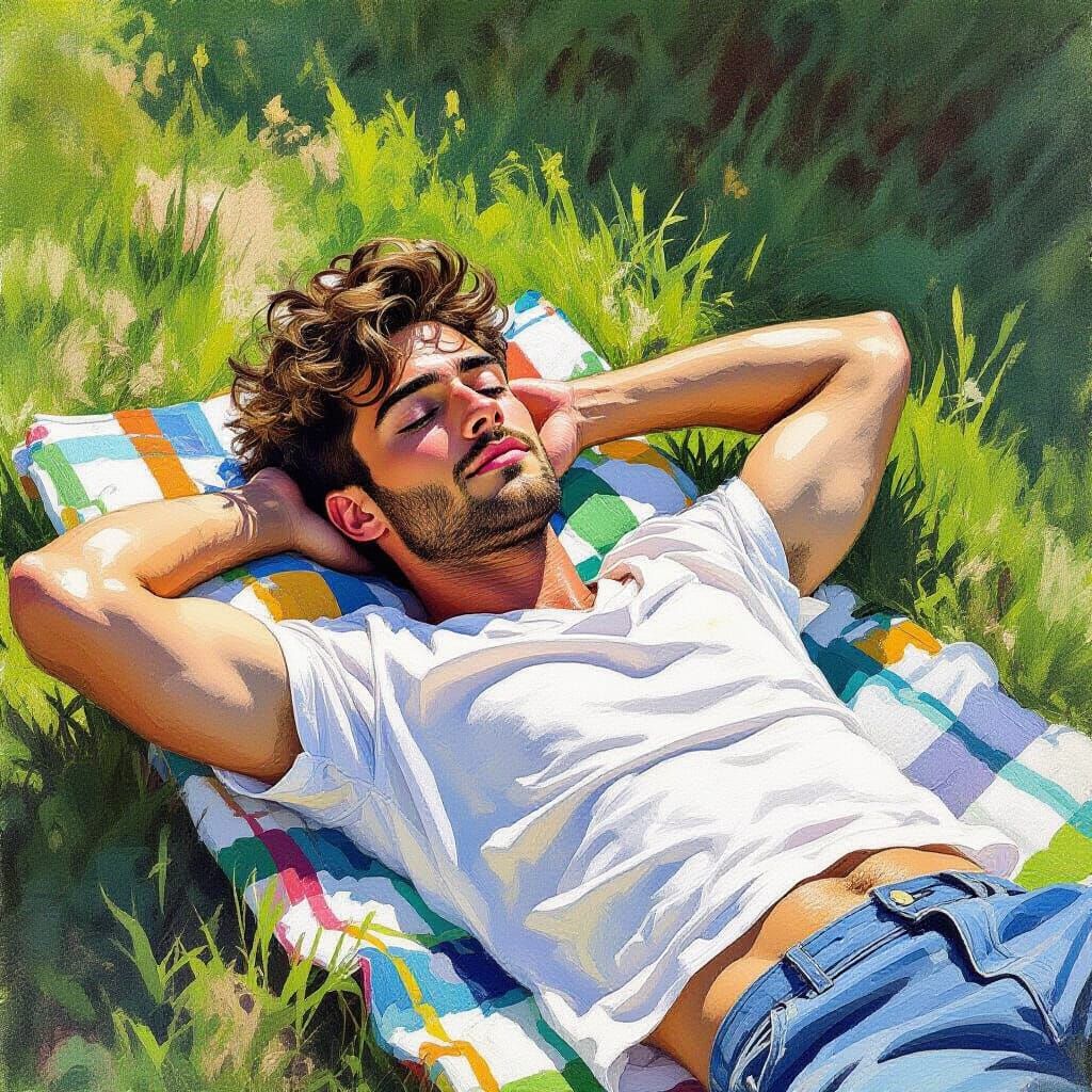 Man Sunbathing: Hyperdetailed Charcoal Drawing in Gouache St...