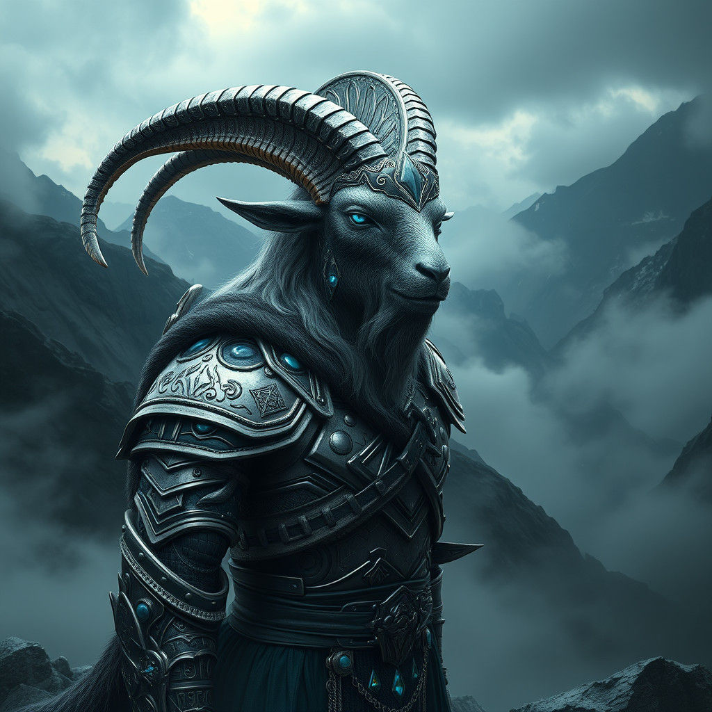 Armored Viking Goat Creature in Misty Mountains