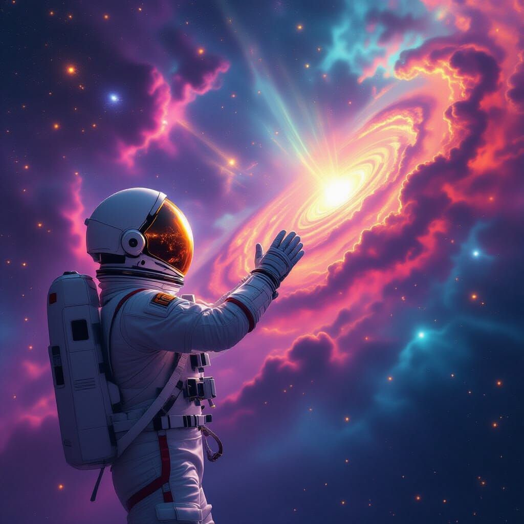 Astronaut Reaching for a Shimmering Galaxy