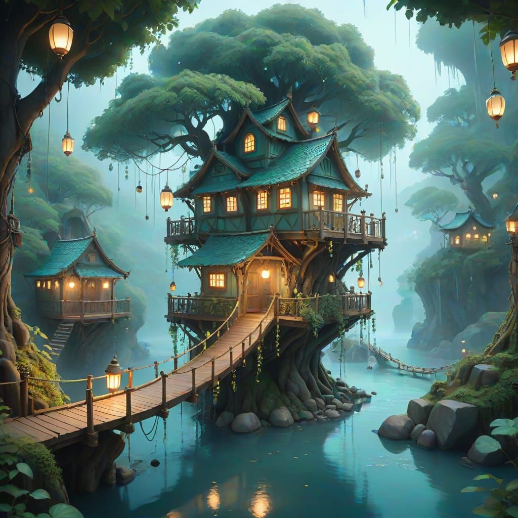 Whimsical Treehouse Sanctuary in a Misty Waterfall Landscape