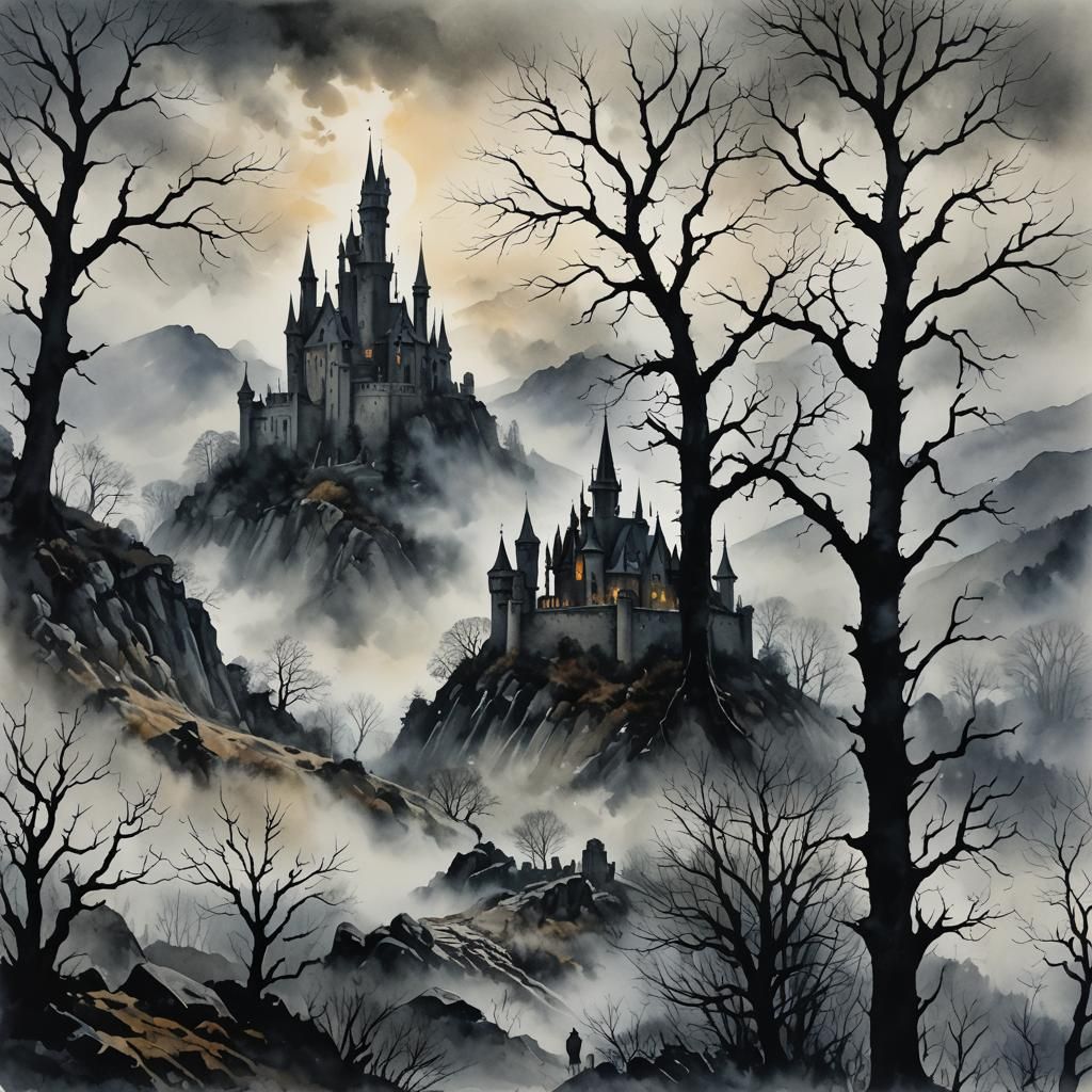 Misty Castle in Mountains with Graveyard, Neo-Impressionism