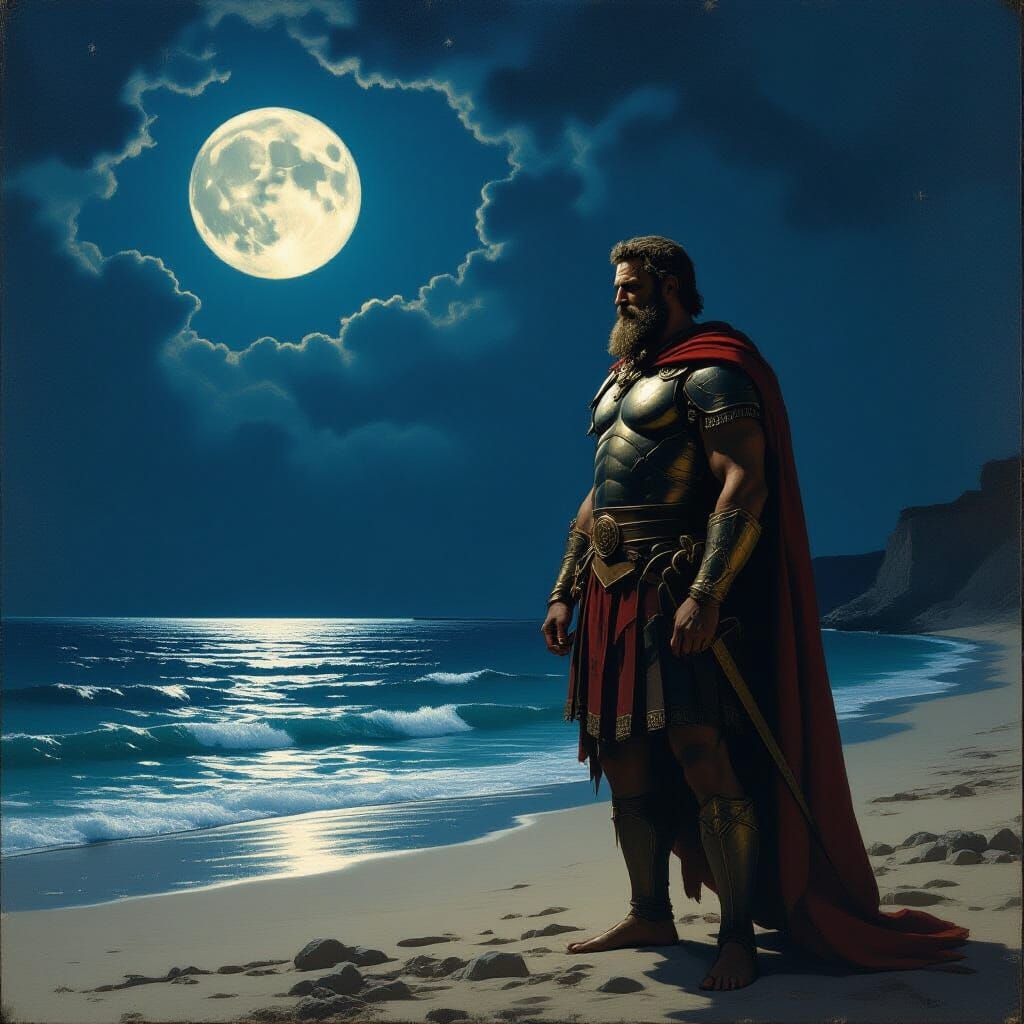 Hannibal Barca on a Moonlit Beach as Baroque Painting