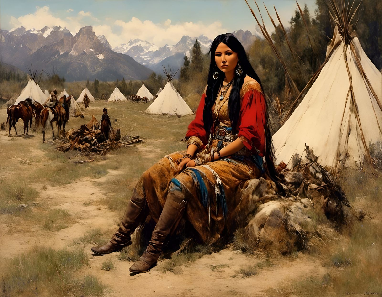 Native American woman in a camp in Wyoming
