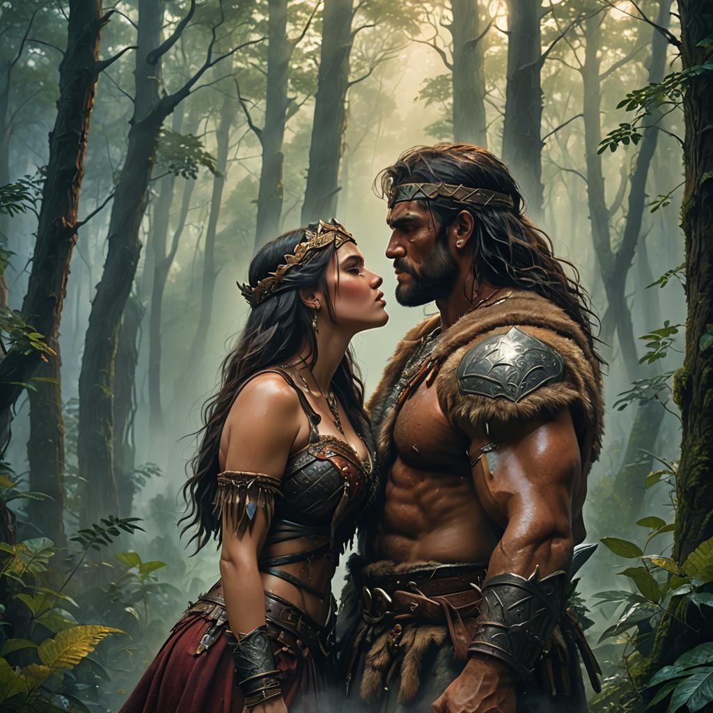Barbarian Kiss in Misty Forest: Hyperrealistic Splash Art