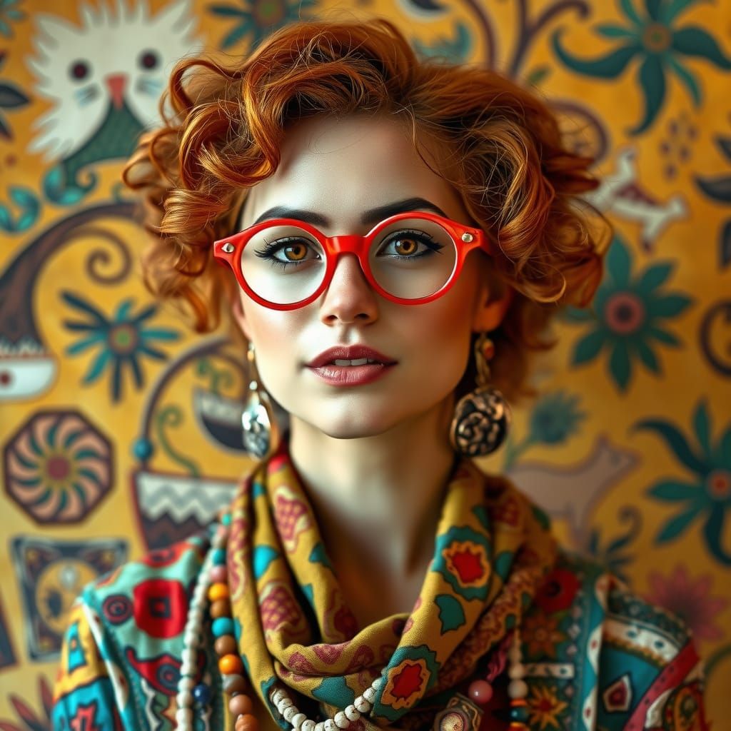 Bohemian Woman with Red Glasses in Vibrant Folk Art Style