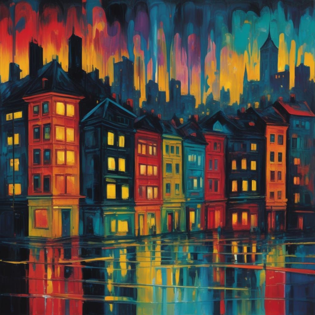 Expressionist Cityscape in Dark, Clashing Colors