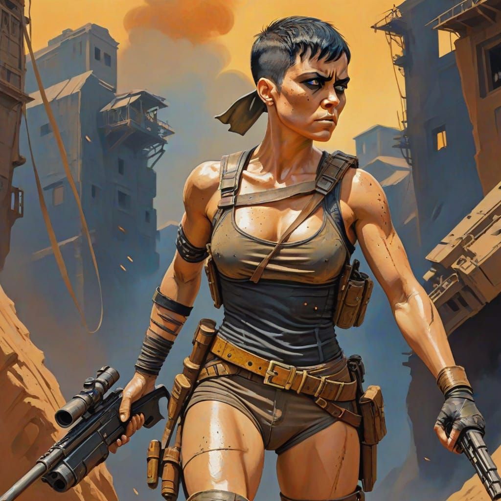 Furiosa with Shotgun as Gouache Painting