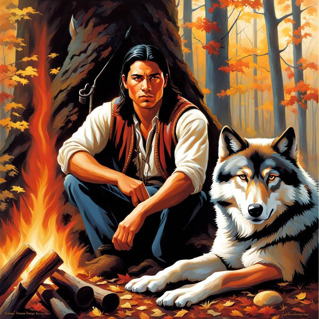 Cherokee Man and Wolf by Forest Fire