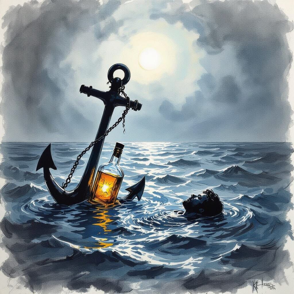 Charcoal Drawing of Sinking Anchor and Whiskey Bottle