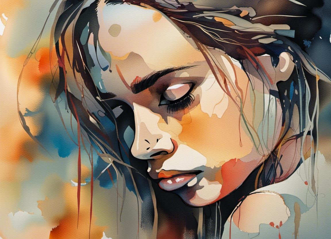 Sad Young Woman in Abstract Watercolor Art