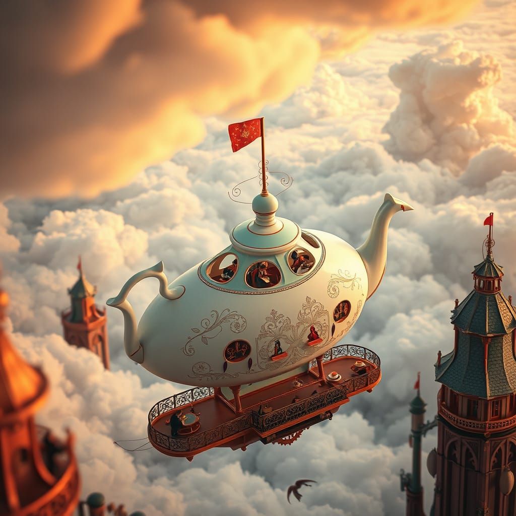 Whimsical Teapot Airship Soaring Through Clouds