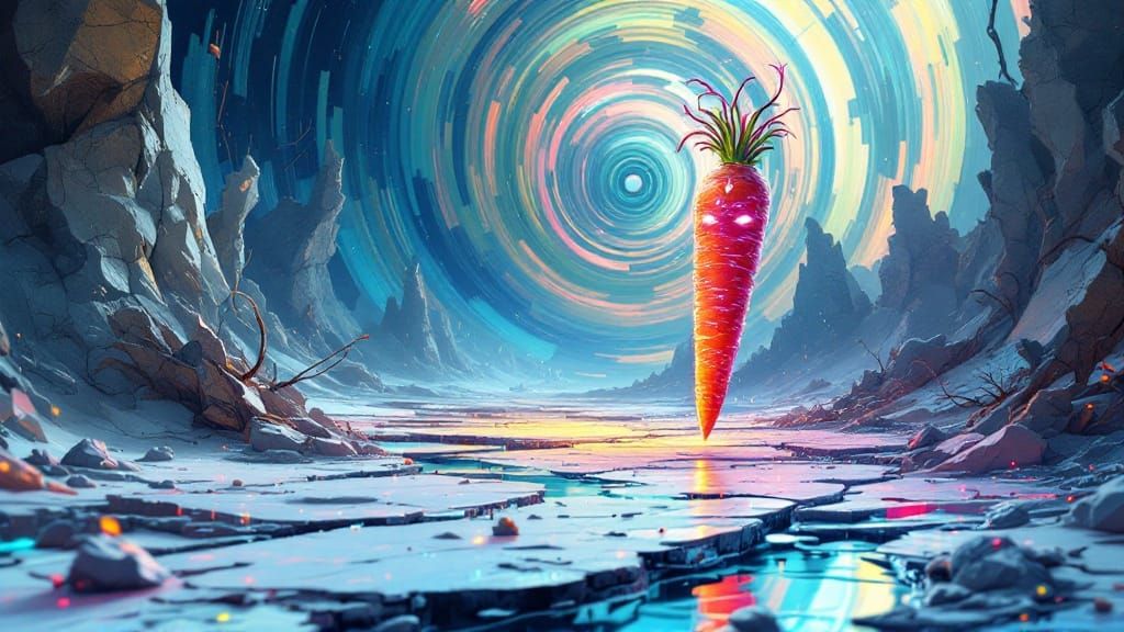 Surreal Carrot Sprinting Across Abstract Terrain
