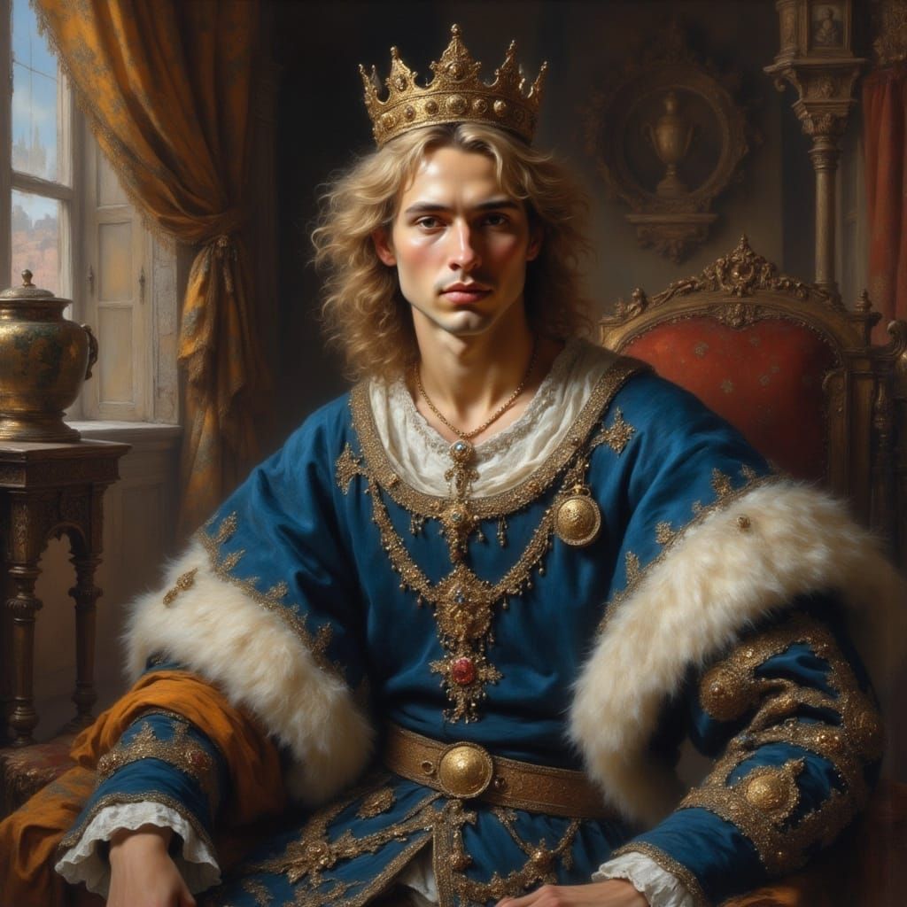 King in Palace Hall: Rembrandt-Style Portrait
