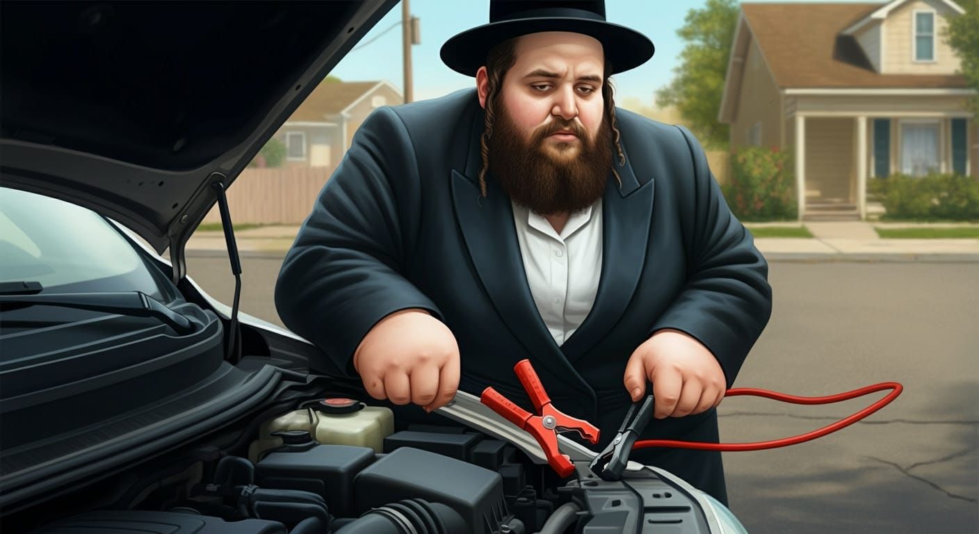 Determined Hasidic Man Jumps Minivan Battery in Close-Up