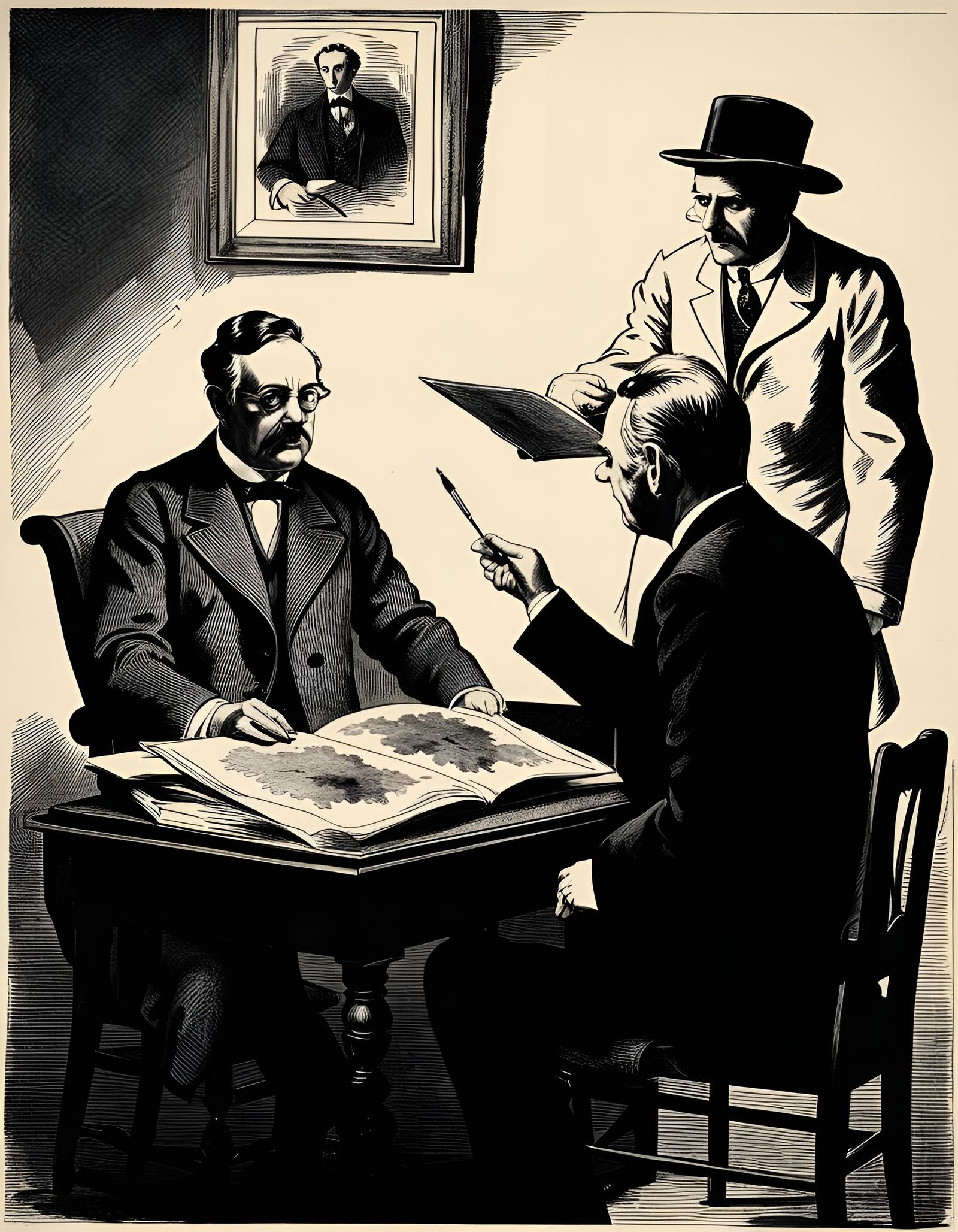 Monochromatic Ink Drawing of Psychiatrist and Patient