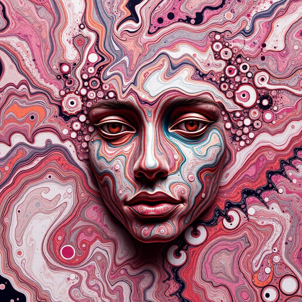 Abstract Optical Illusion Face in Marbled Paint Layers