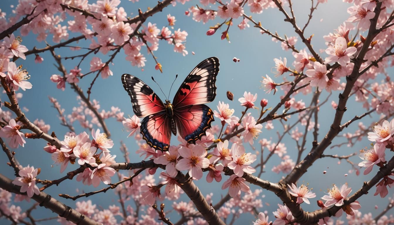 Hyperrealistic Butterfly in Cherry Blossom Field