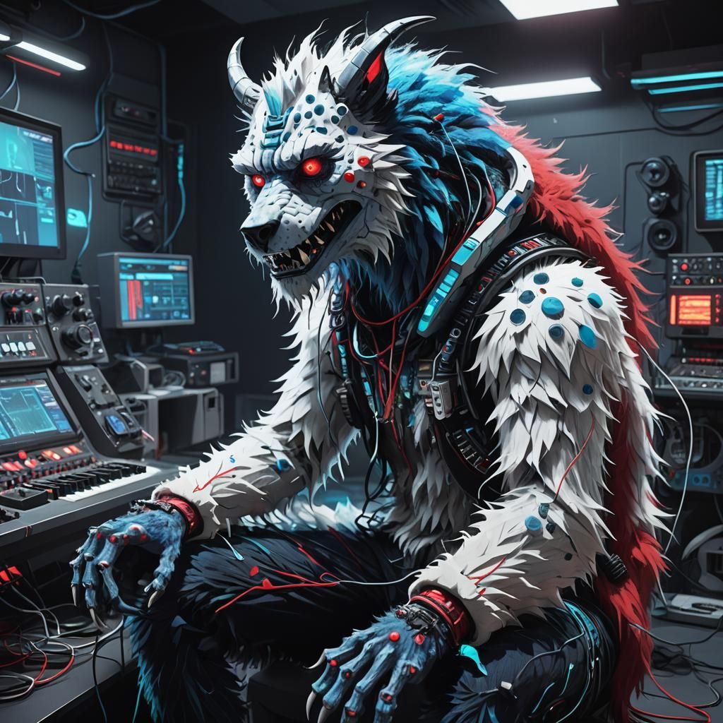 Cyberpunk Skinwalker Glitch Art in Recording Studio