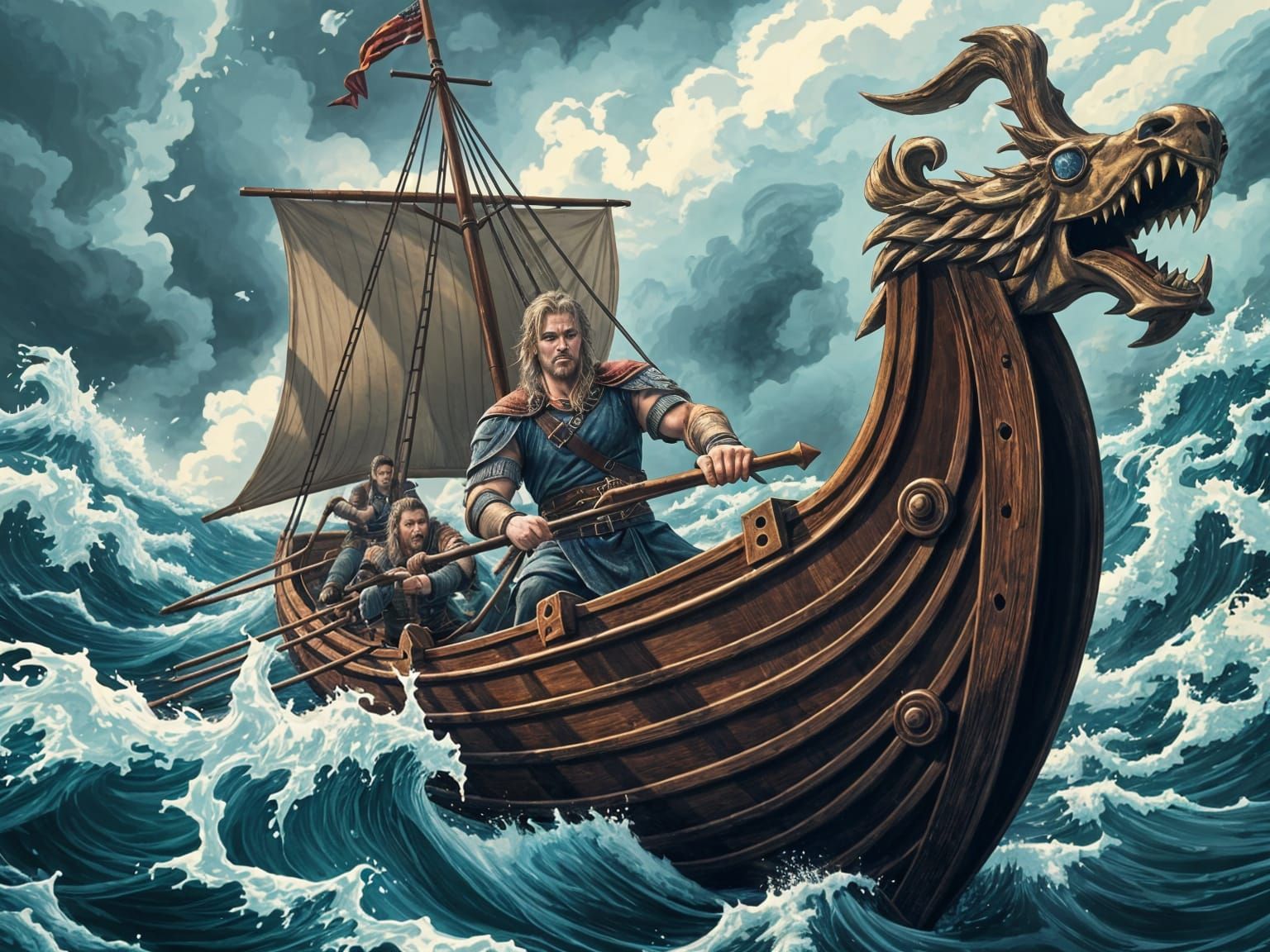 Viking Ship Sails Against Tempest: Anime Style
