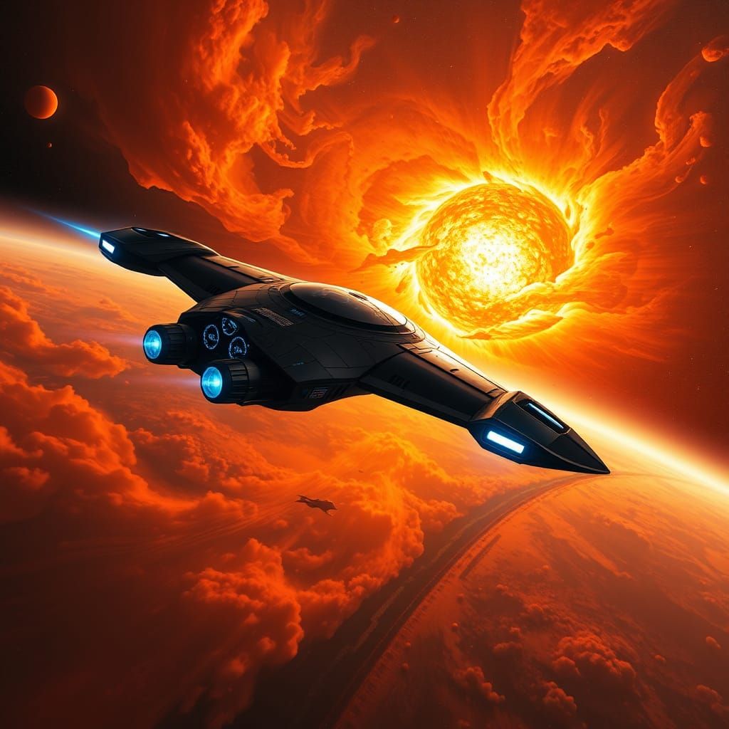 Futuristic Spaceship Soaring Through Orange Nebula