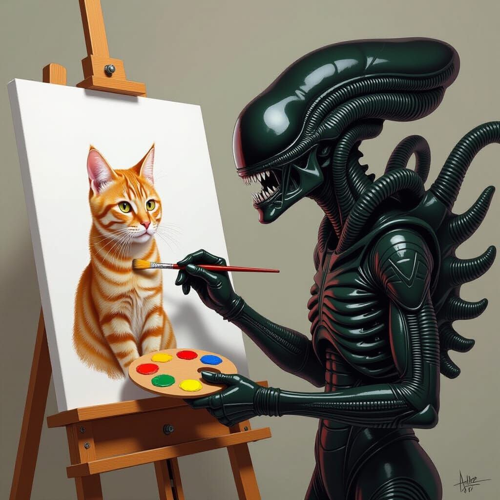 Xenomorph Artist Paints Cat Portrait